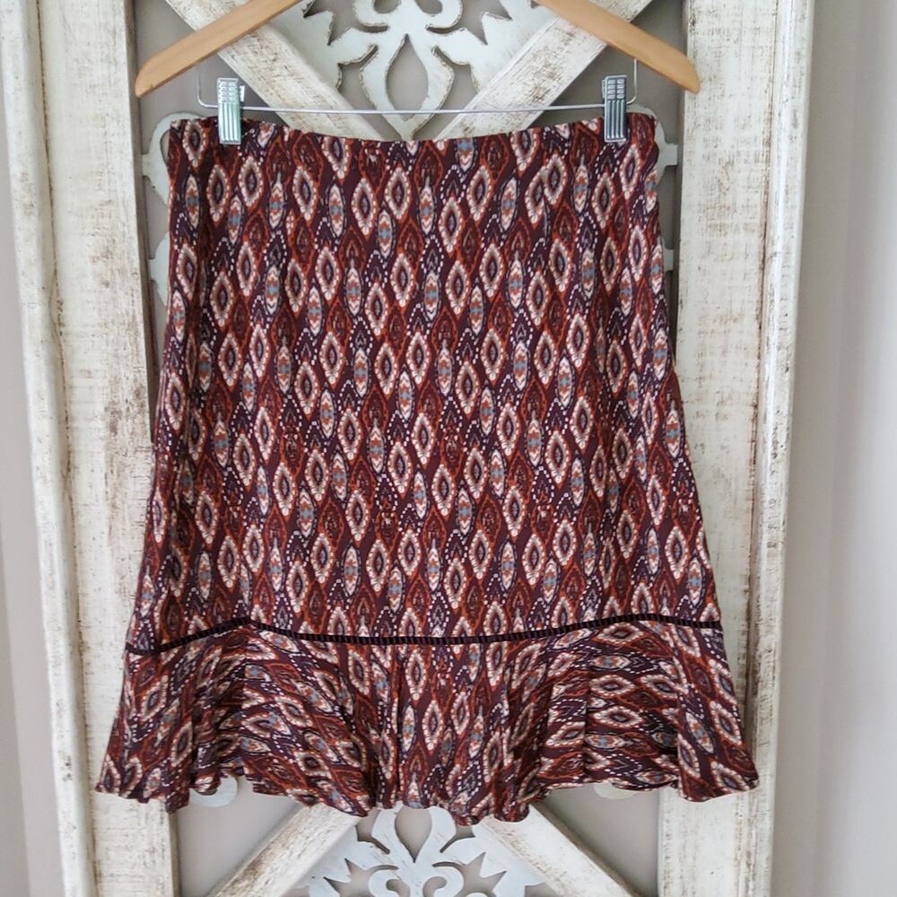 Premise Women's Paisley Ruffle Hem Side Zip A-line Skirt in Brown